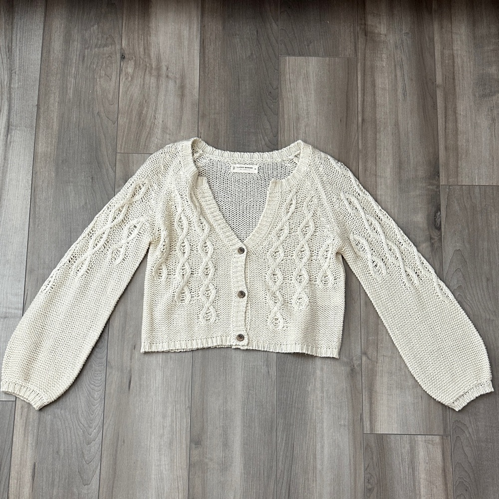 Lucky Brand Cream Cable Knit Cropped Button Cardigan